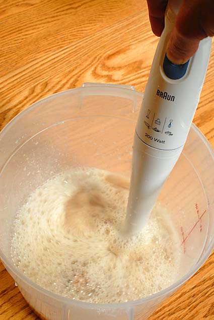 Breaking up old dough with an immersion blender | Artisan Bread in Five Minutes a Day