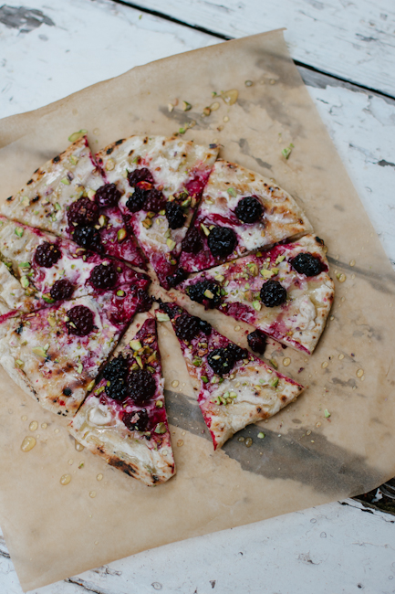 Grilled blackberry pizza with goat cheese, pistachios, and honey | Artisan Bread in Five Minutes a Day