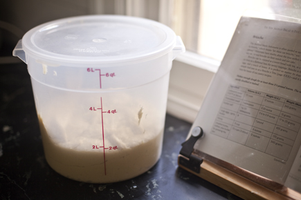 Container of dough and cookbook | Artisan Bread in Five Minutes a Day