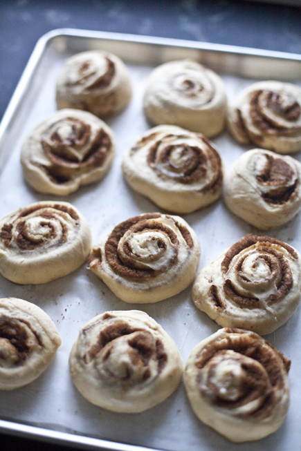 Cinnamon buns on a sheet pan before baking | Artisan Bread in Five Minutes a Day