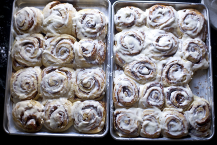 Two pans of cinnamon rolls | Artisan Bread in Five Minutes a Day