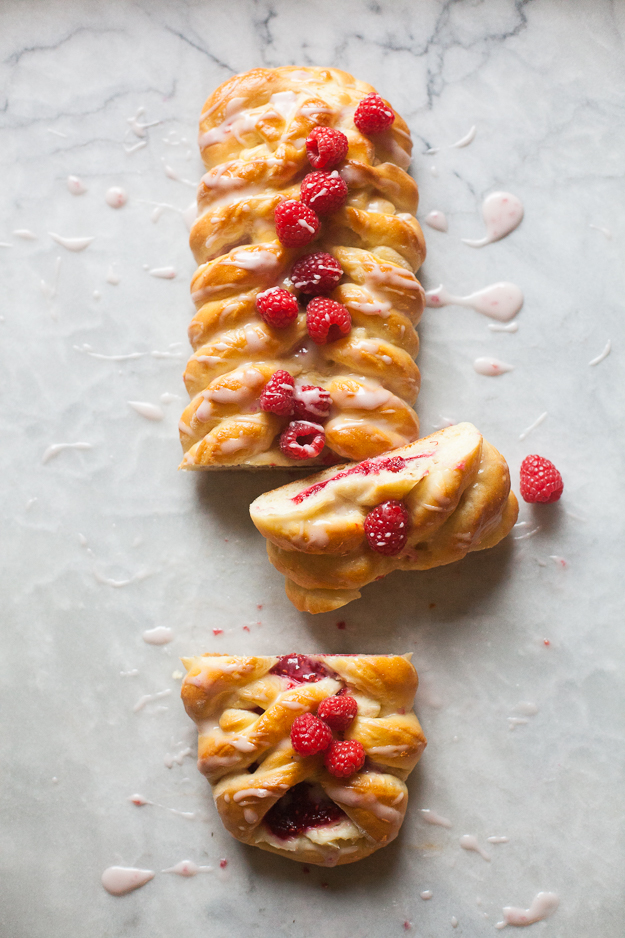 Raspberry Cream Cheese Brioche Braid with Powdered Sugar Drizzle