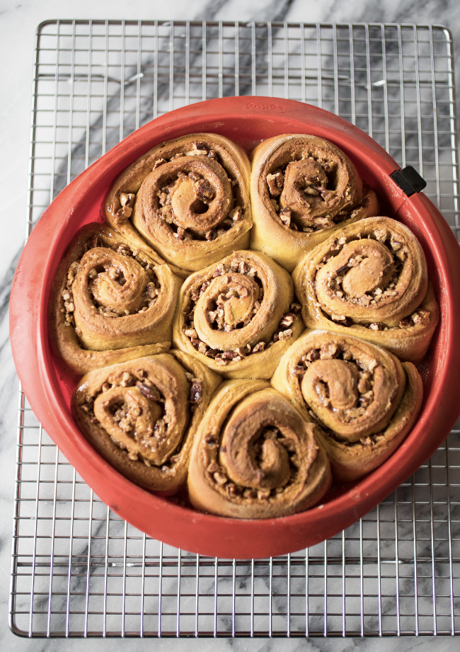 Pumpkin Sticky Nut Rolls on a Cooling Rack | Artisan Bread in Five Minutes a Day